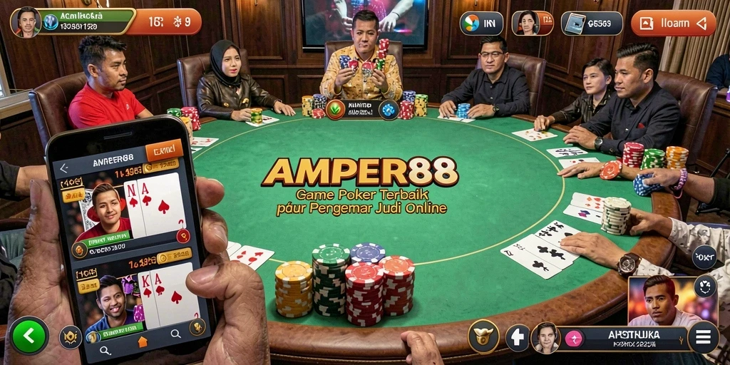 Screenshot gameplay AMPER88 menunjukkan suasana permainan poker yang intens.