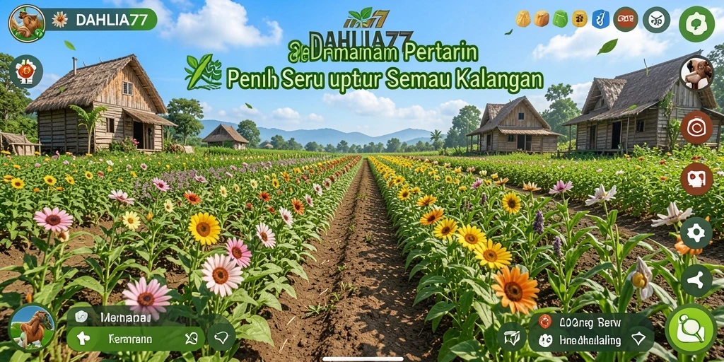 Tangkapan layar utama DAHLIA77 menampilkan kegiatan bertani yang seru dan interaktif.