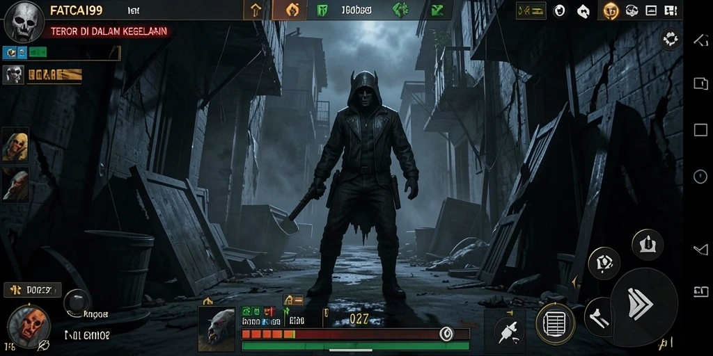 Screenshot gameplay FATCAI99 menampilkan suasana mencekam saat menjelajahi lokasi angker.