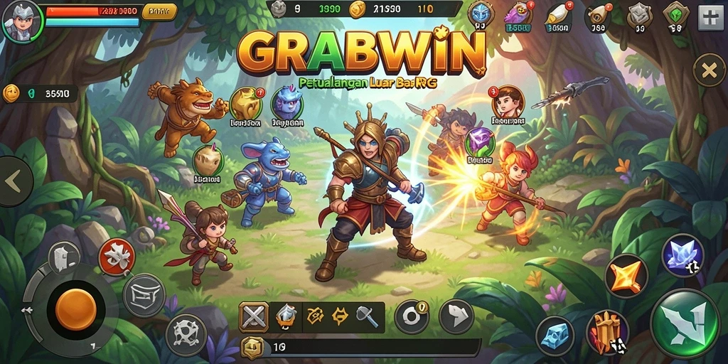 Screenshot gameplay GRABWIN menunjukkan pertarungan epik dan karakter yang kuat.