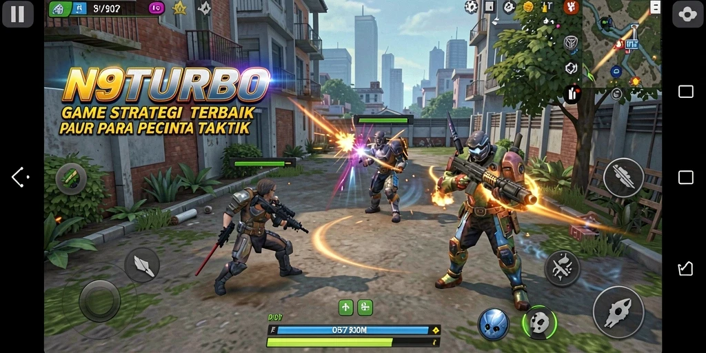 Screenshot N9TURBO menunjukkan serunya pertempuran strategi yang mendebarkan.