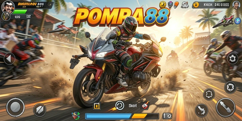 Gameplay menegangkan dalam POMPA88 saat meluncur di trek balap motor.