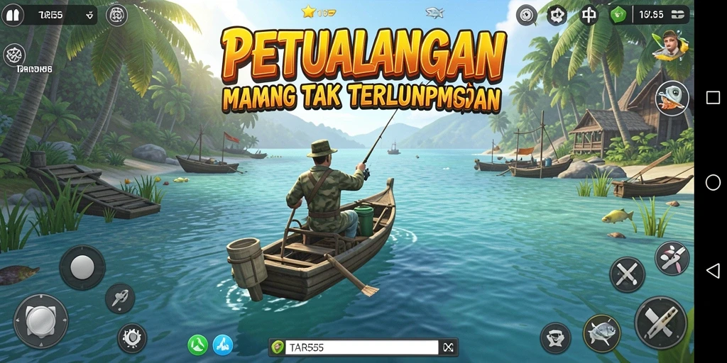 Screenshot dari gameplay TAR555 yang menampilkan momen memancing yang seru.